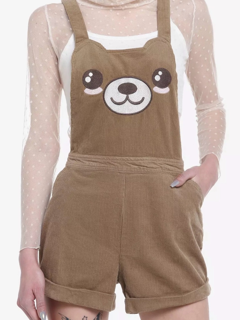 Hot Topic Teddy Bear Corduroy Shortalls Large Cotton Khaki Brown